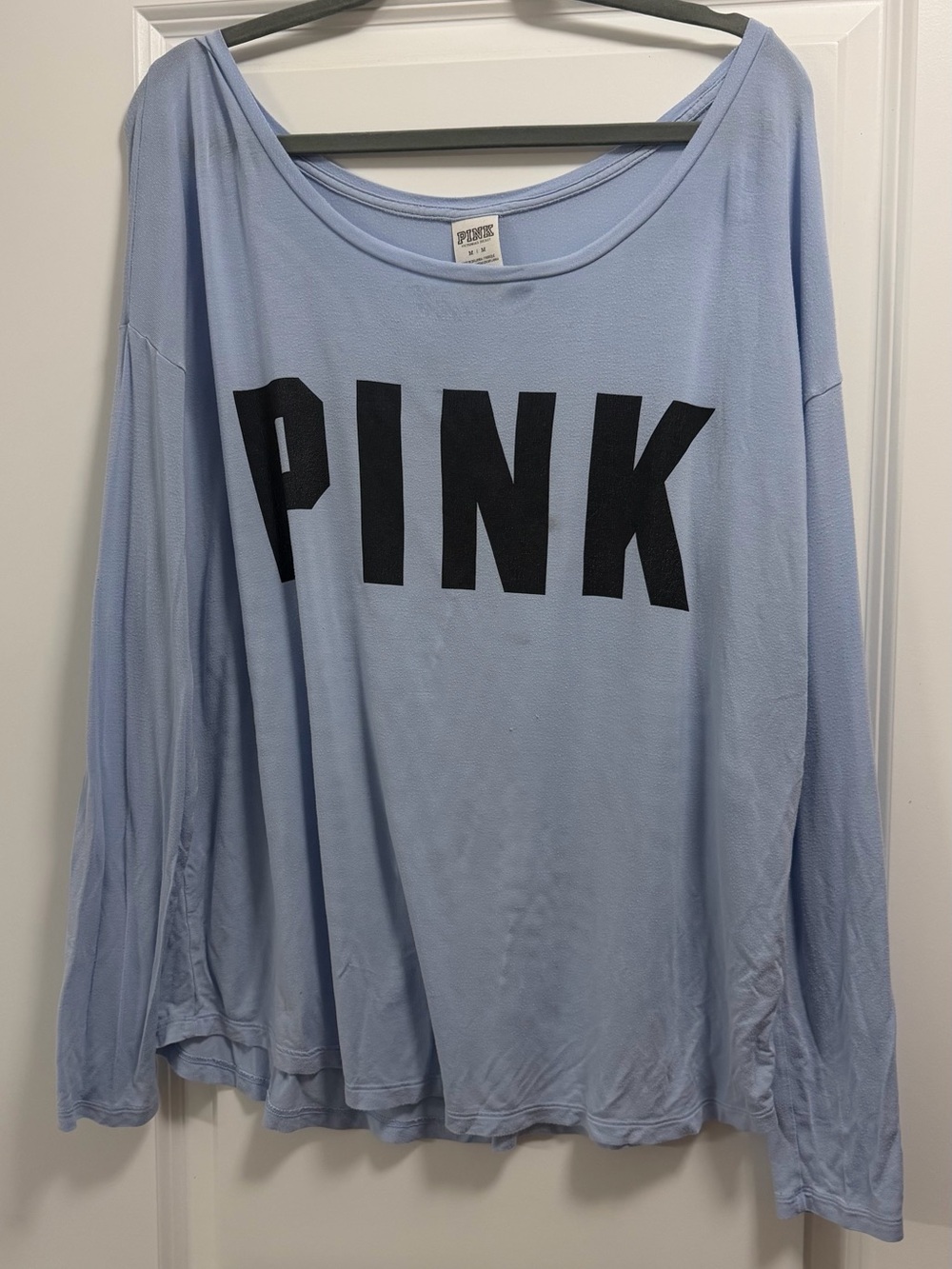 PINK Victoria's Secret Light Blue Scoop Neck Long-Sleeve Top with Black Logo